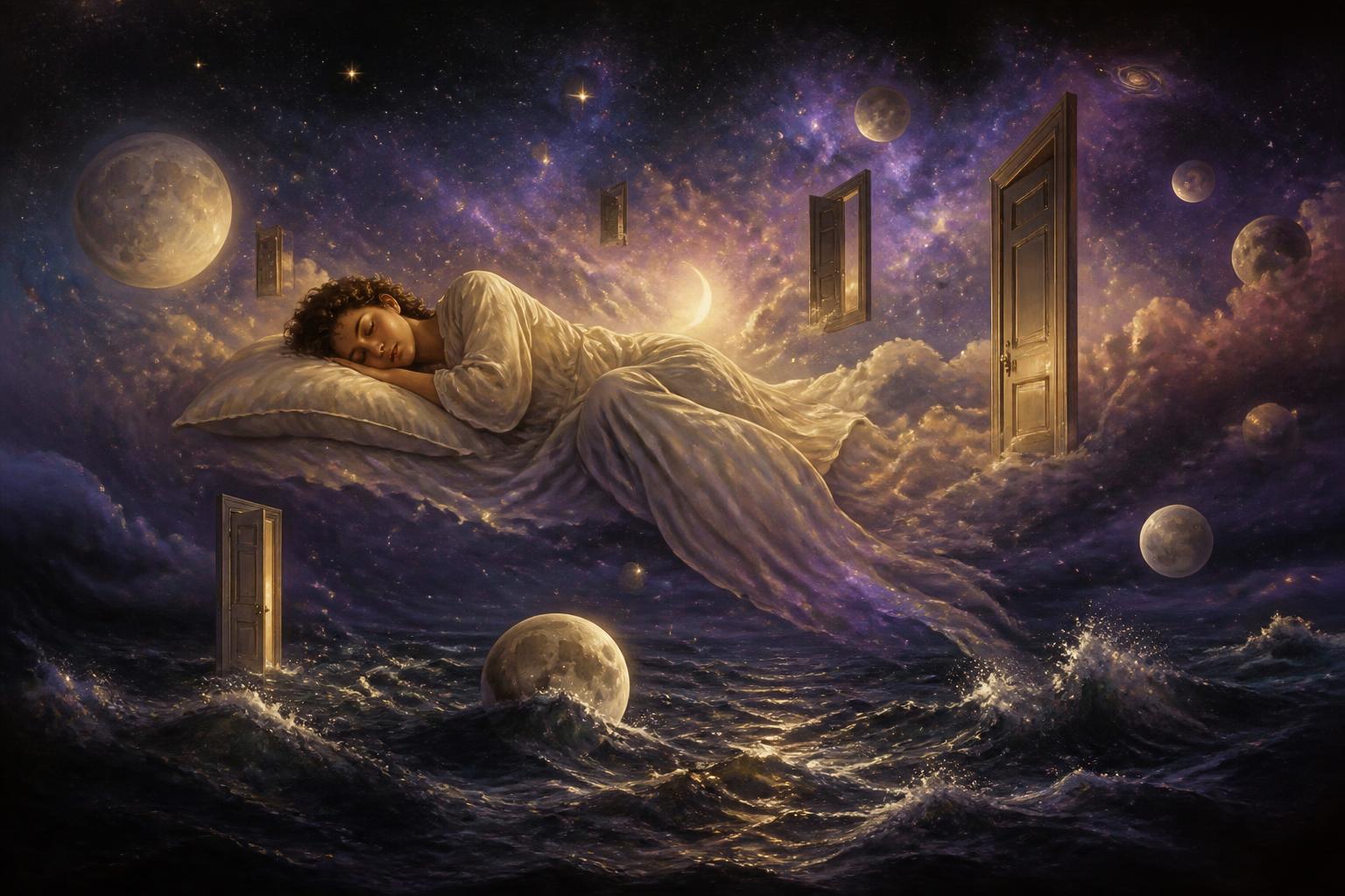 A dreamer floating above a starlit ocean surrounded by drifting doors and moons